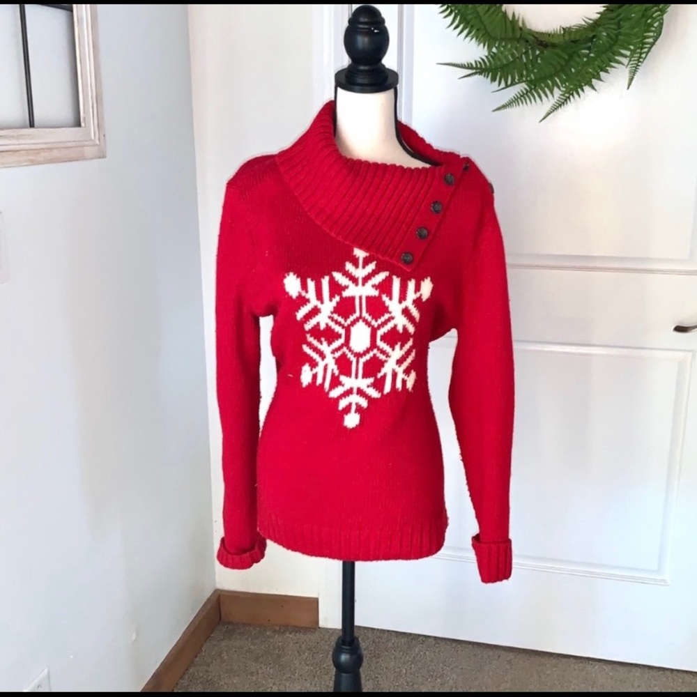 Talbots Red Button Neck Snowflake Sweater L